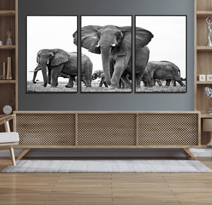 Black White Elephant Family Wall Art Canvas Print