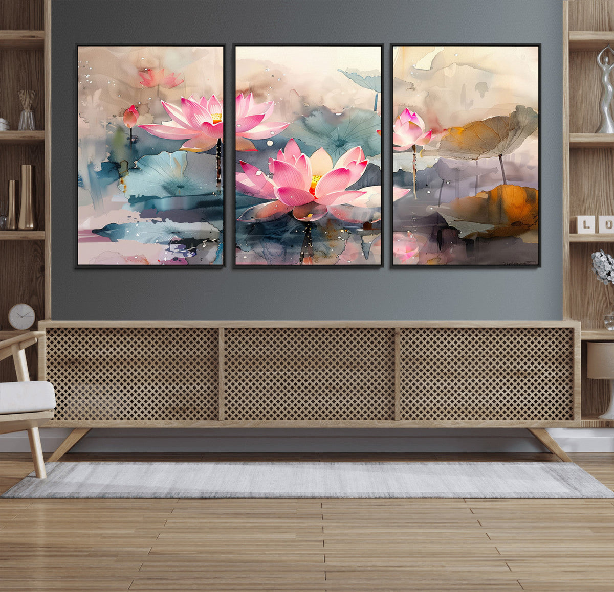 Lotus Flower Wall Art | 3-Panel Giclee Canvas Print of Pink