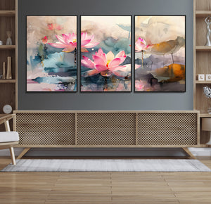 Lotus Flower Wall Art | 3-Panel Giclee Canvas Print of Pink