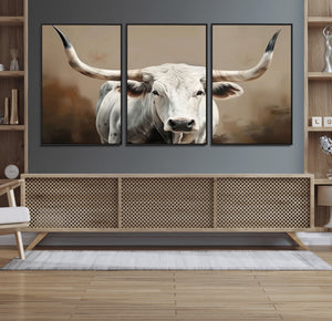 White Longhorn Bull Wall Art Canvas Print – Framed and Ready