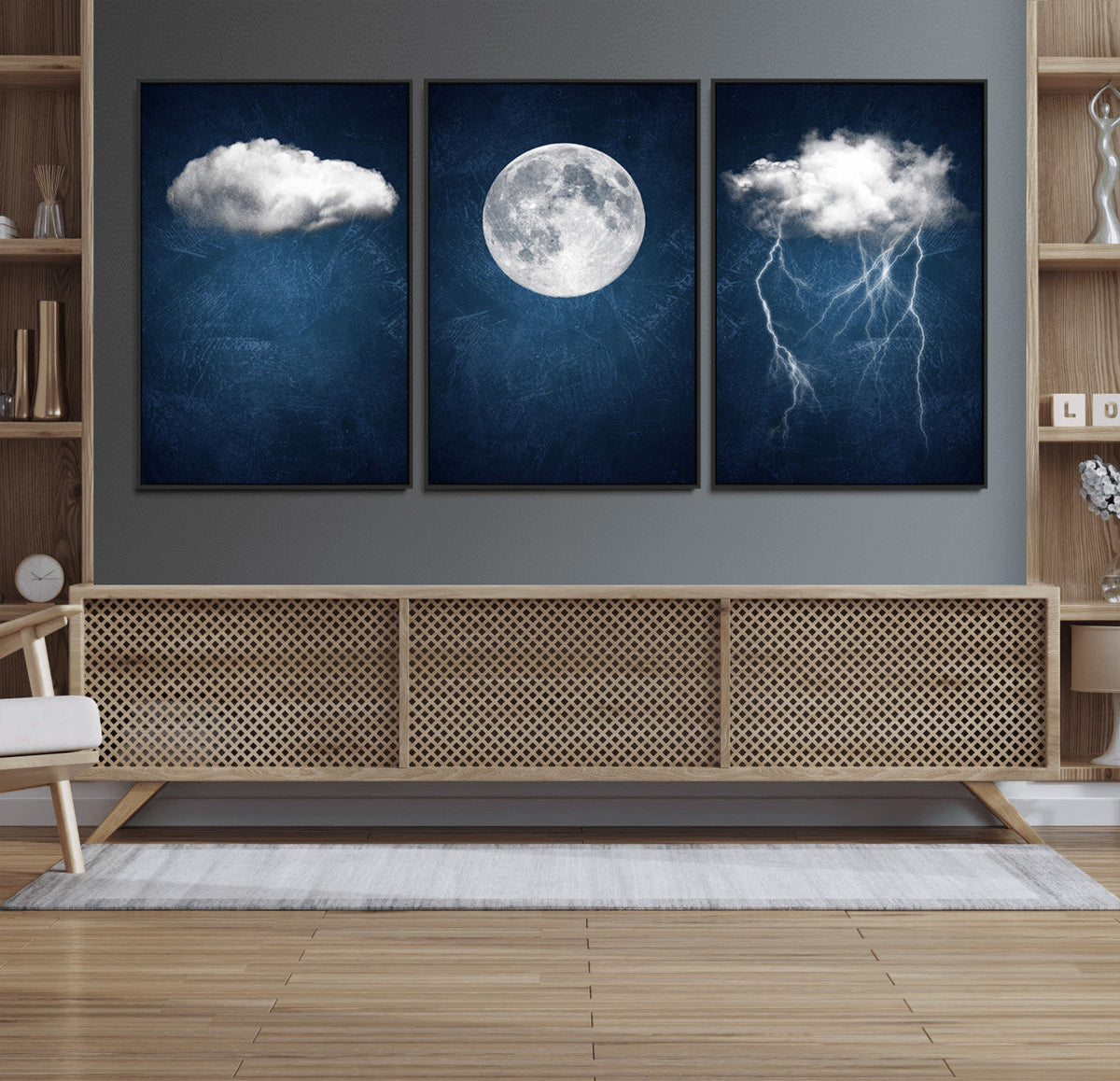 Dark Blue Cloud Art, 3 Piece Indigo Blue Wall Art, Aesthetic