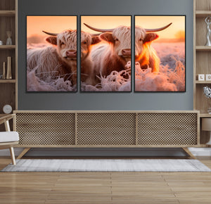 Highland Cows at Sunrise Wall Art Canvas Set – Serene and