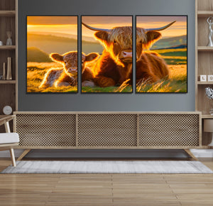 Scottish Cow and Baby Cow Canvas Wall Art Animal Print