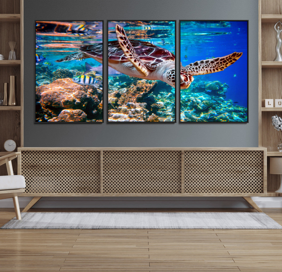 Underwater Coral Reef Sea Turtle Wall Art Canvas Print,