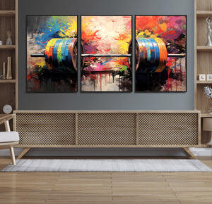Weightlifting Barbell Art Triptych, Bold Abstract Fitness