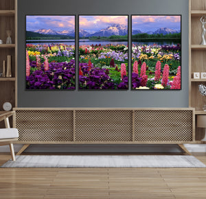 Vibrant Wildflower Garden and Mountain View Giclee Canvas
