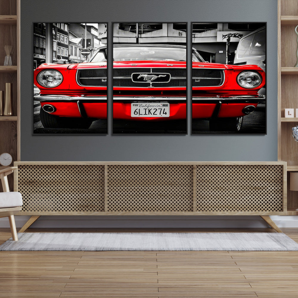 Red Mustang Car Wall Art – Framed Classic Vehicle Canvas