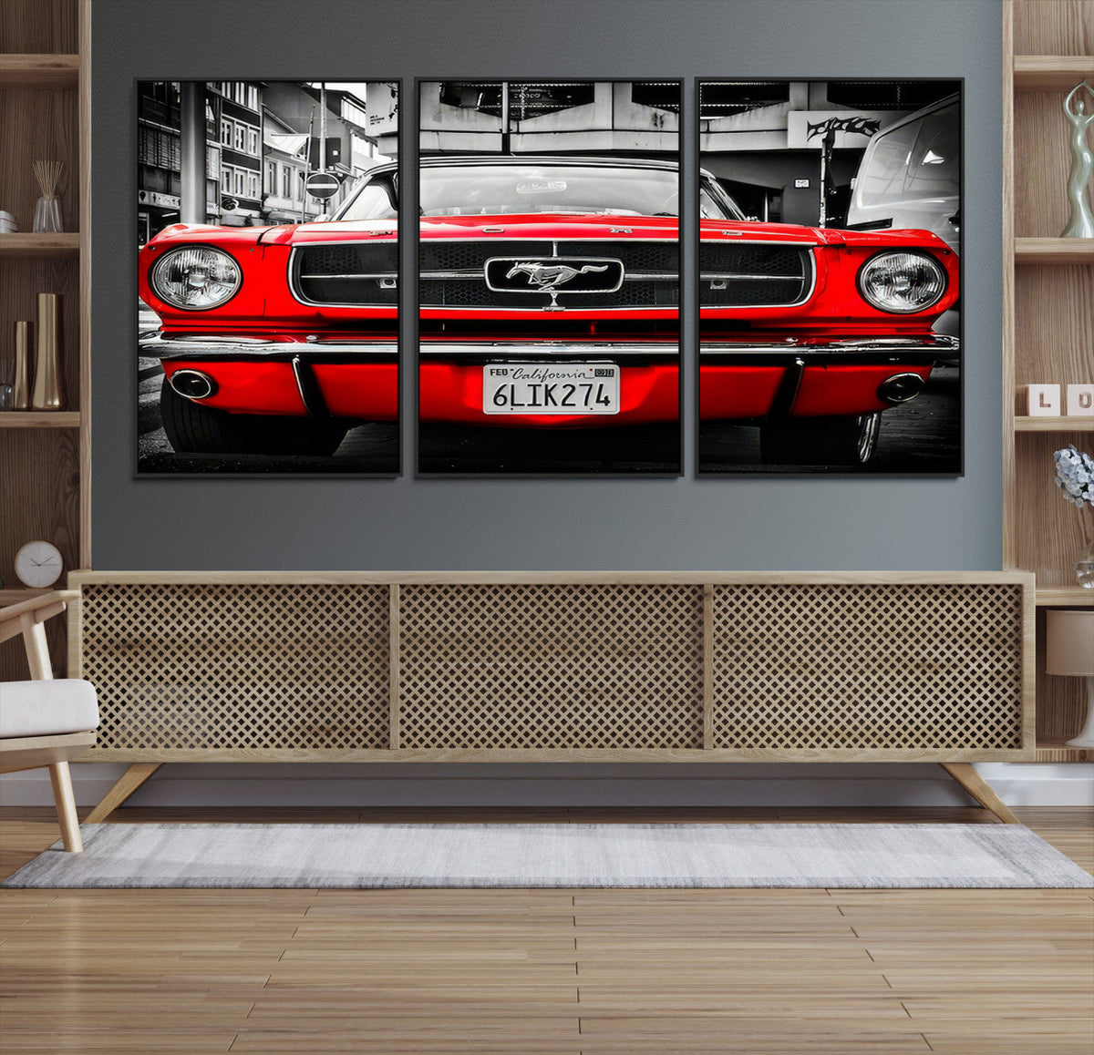 Red Mustang Car Wall Art – Framed Classic Vehicle Canvas