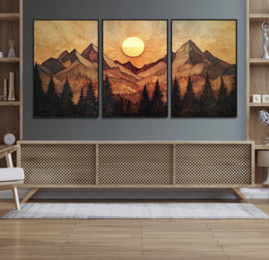 Wood Style Abstract Mountain Sunset Canvas Wall Art Print -