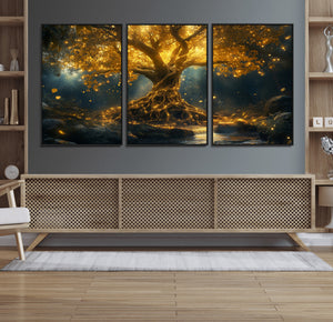 Golden Tree of Life Canvas Wall Art Print - Majestic Glowing