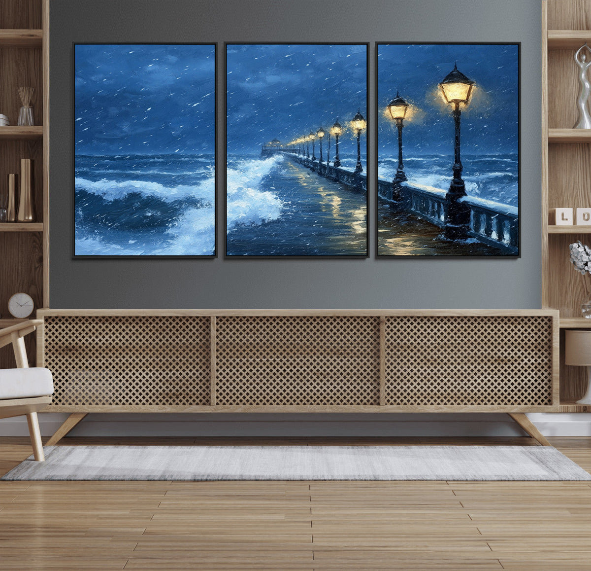 Stormy Ocean Pier Lights Canvas Wall Art Print - Large Moody