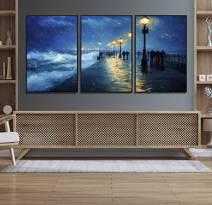 Storm Ocean Pier Canvas Wall Art Print - Large Moody Night