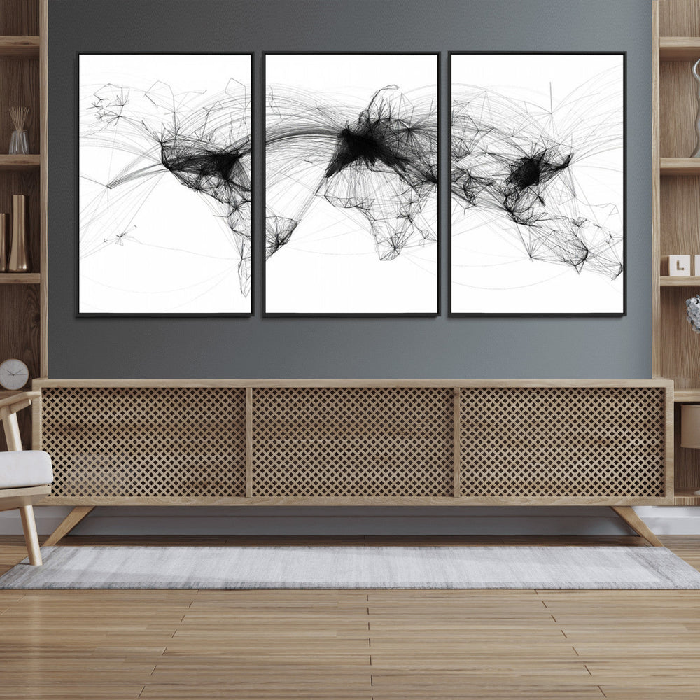 Abstract World Map Wall Art – Framed Geometric Line Canvas