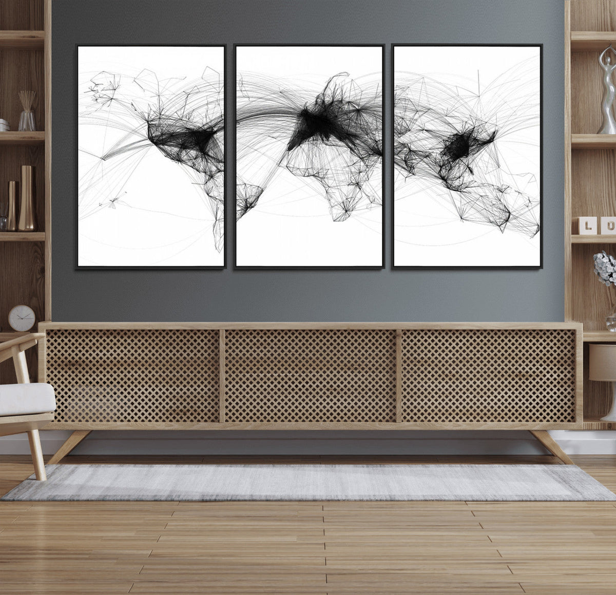 Abstract World Map Wall Art – Framed Geometric Line Canvas