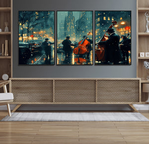 Urban Night Jazz Wall Art Canvas Print – Moody Rain-Soaked