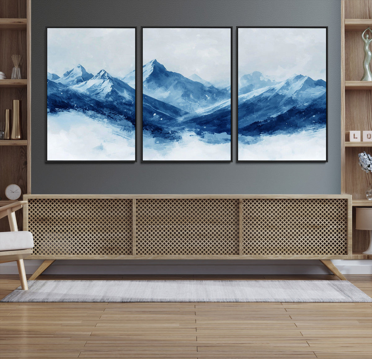 Blue Mountains Wall Art – Framed Snowy Range Canvas Artwork,