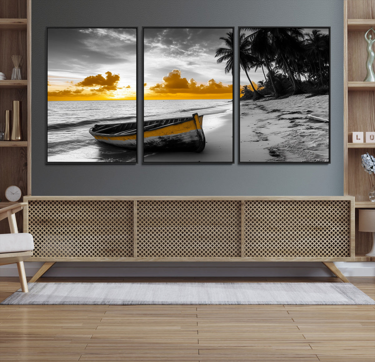 Yellow Rowboat Wall Art – Framed Tropical Shoreline Canvas