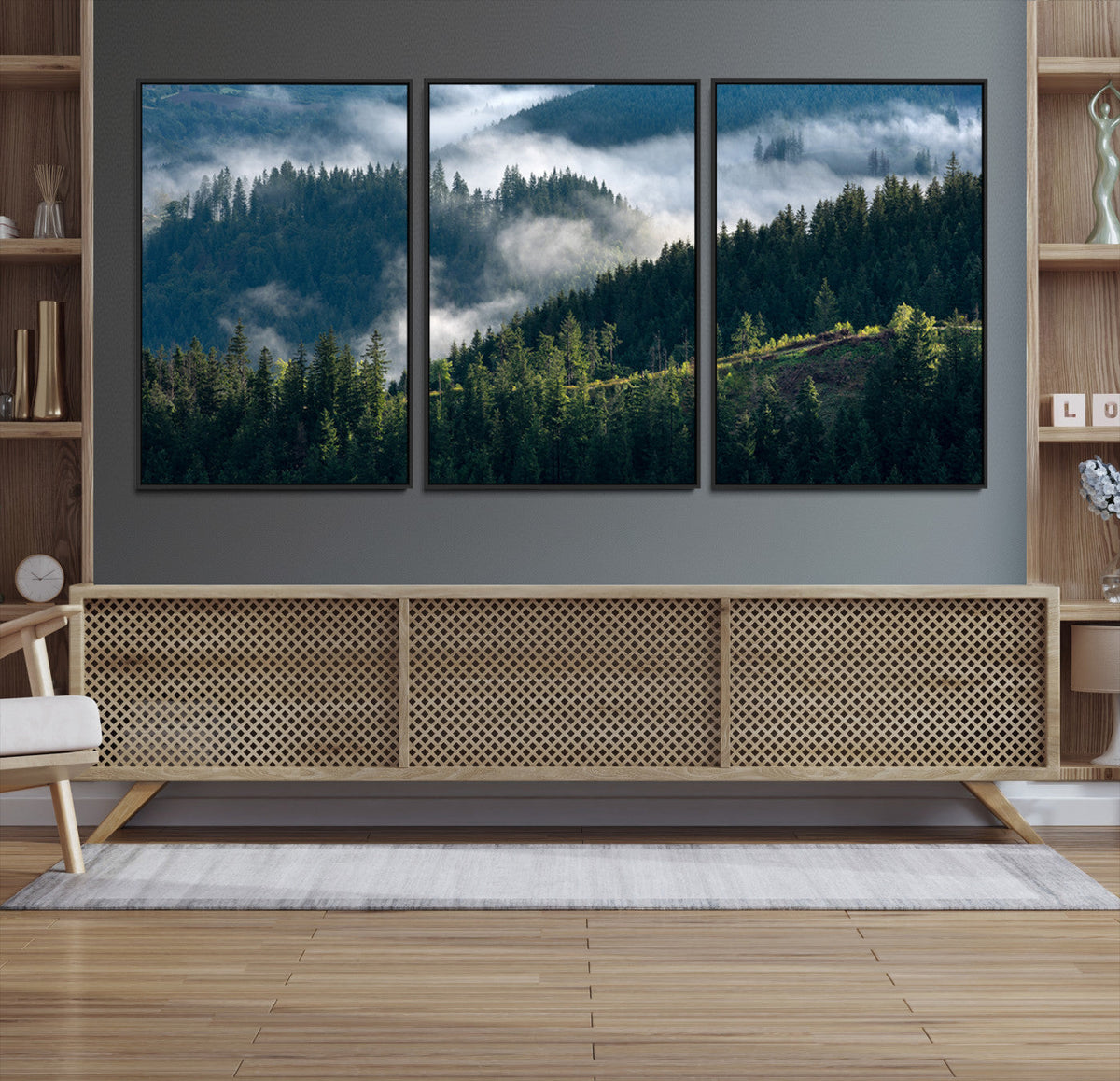 Misty Forest Wall Art Canvas Print, Serene Pine Hills and