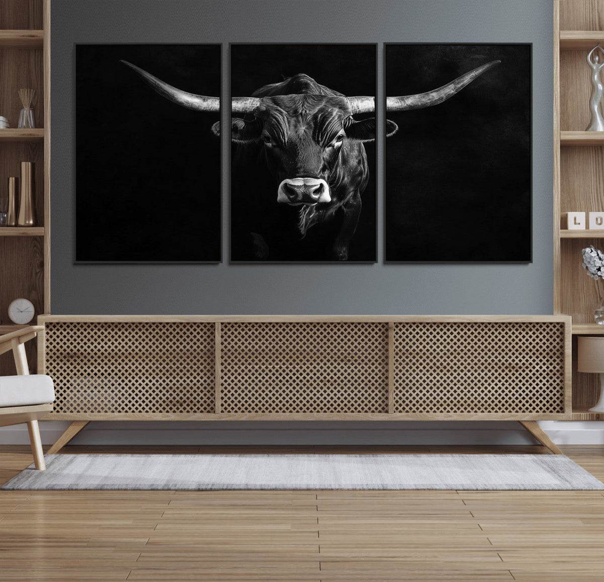 Texas Longhorn Wall Art Canvas Print – Framed Monochrome