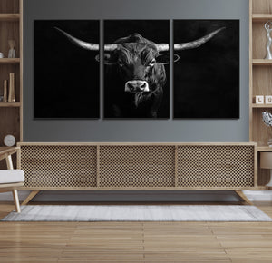 Texas Longhorn Wall Art Canvas Print – Framed Monochrome