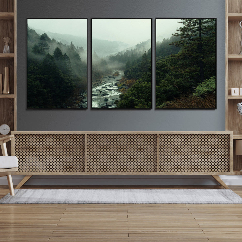 Misty Forest Wall Art Canvas Print – Framed Foggy River