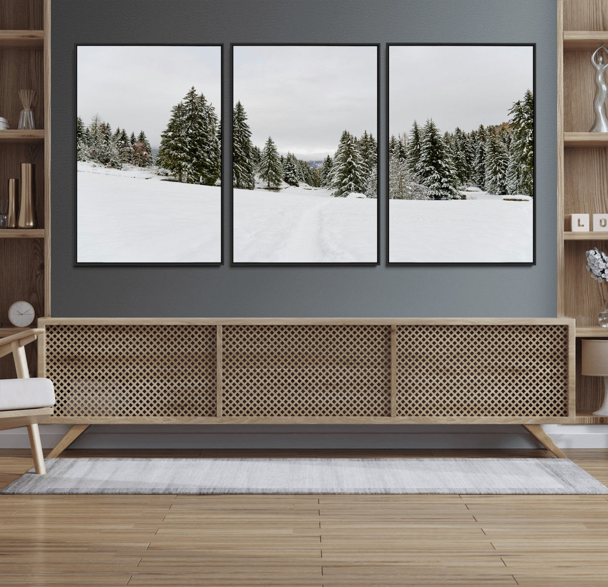 Frosty Pines Wall Art Canvas Print – Framed Silent Snowfall