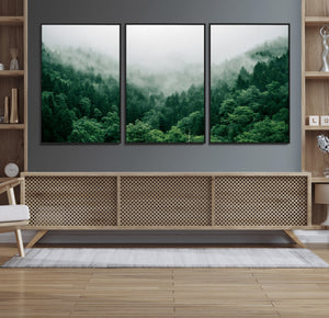 Misty Green Forest Canvas Print – Framed Serene Foggy Pine