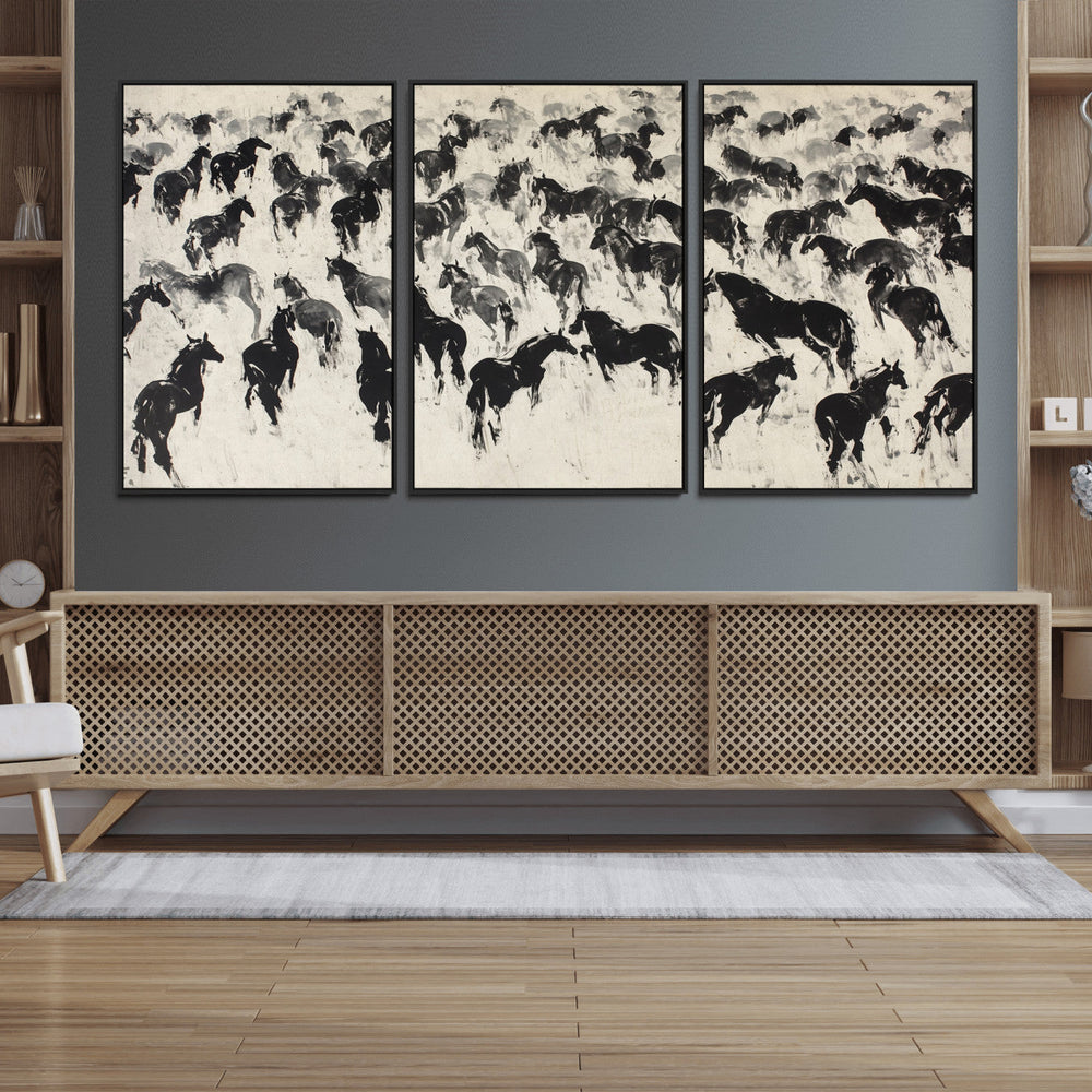 Wild Horse Stampede Wall Art Canvas Print – Monochrome