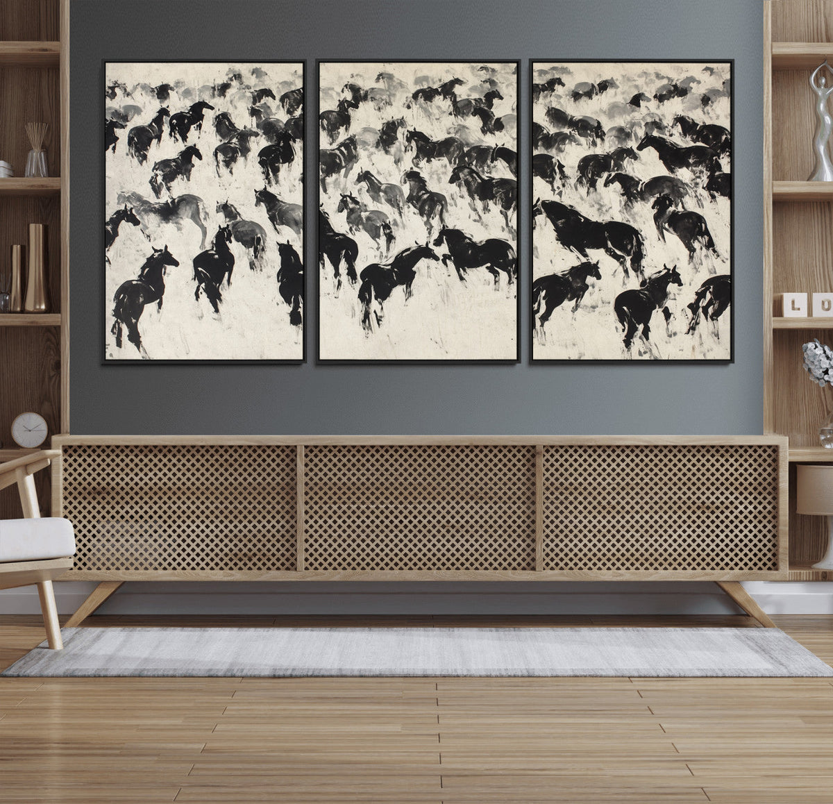 Wild Horse Stampede Wall Art Canvas Print – Monochrome