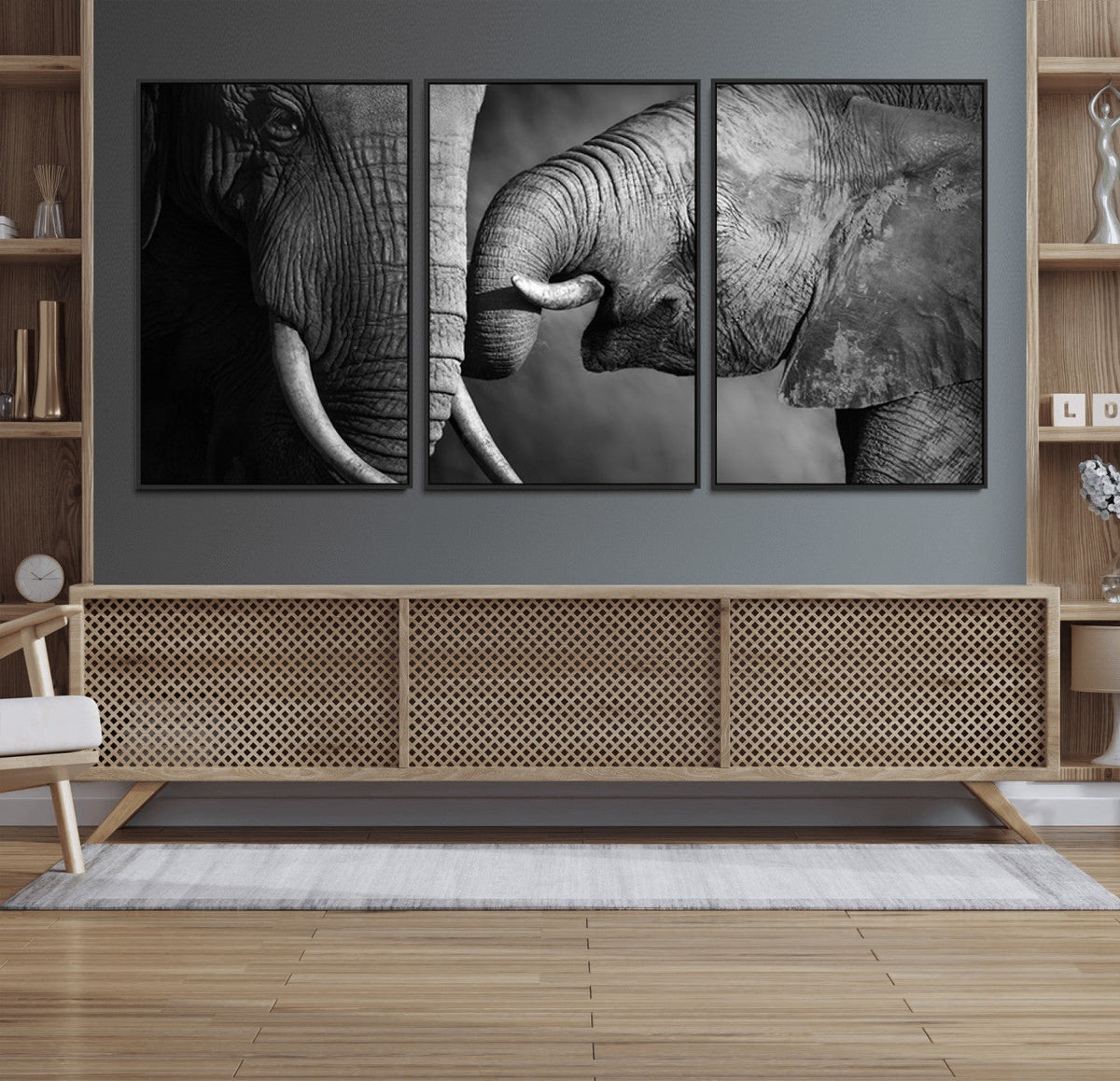 Elephant Family Wall Art Canvas, Framed Elephant Family