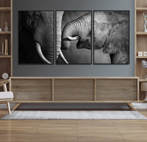 Elephant Family Wall Art Canvas, Framed Elephant Family