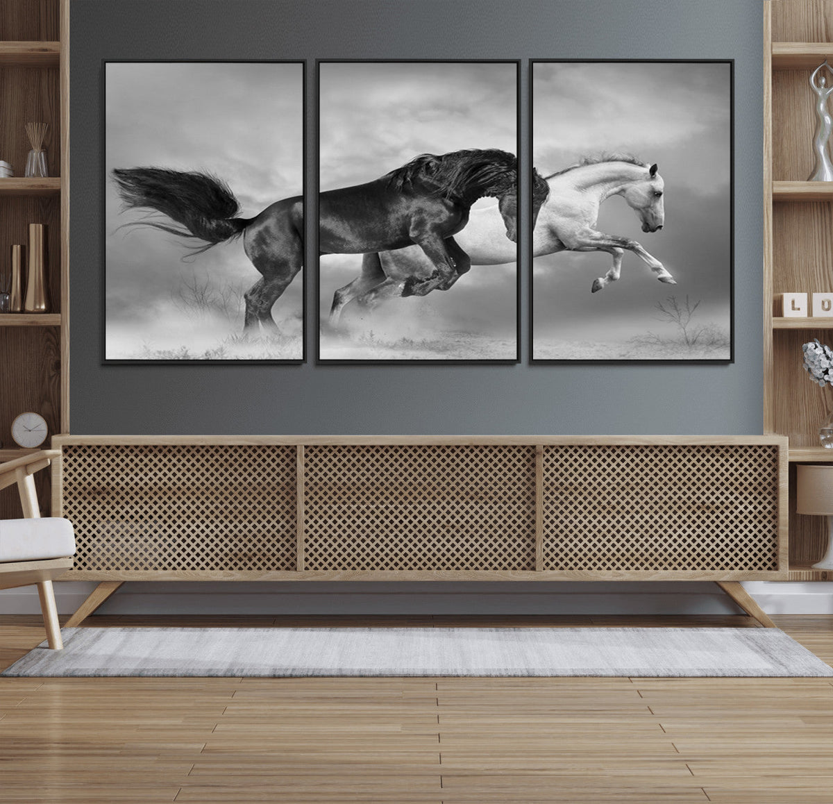 Wild Horses Wall Art Canvas Print – Framed Black and White