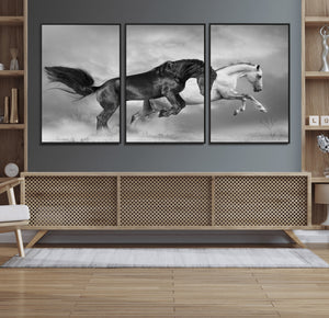Wild Horses Wall Art Canvas Print – Framed Black and White