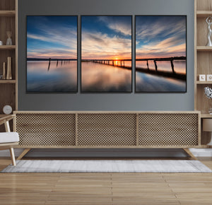 Wooden Pier on Seascape and Sunset Wall Art Canvas Print