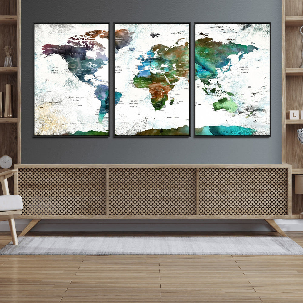 Modern Watercolor World Map Canvas Wall Art – Framed