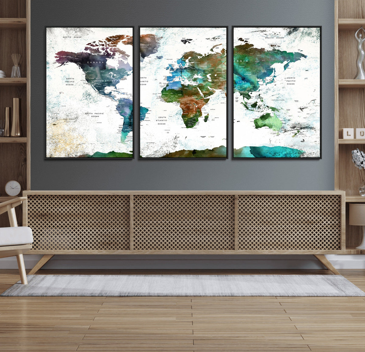 Modern Watercolor World Map Canvas Wall Art – Framed