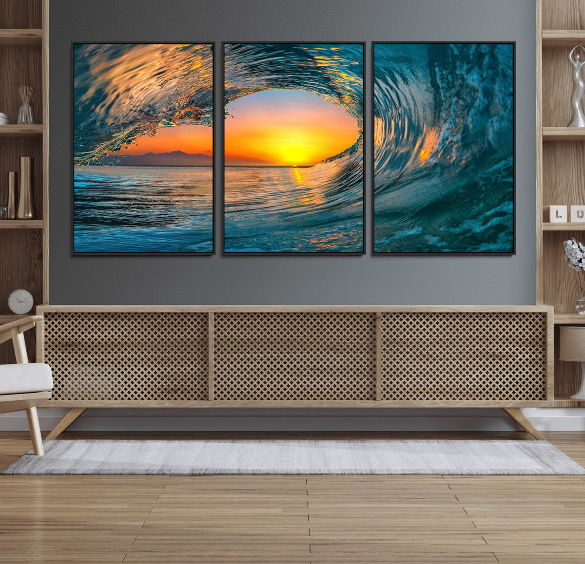 Ocean Wave Sunset Wall Art | Large Coastal Wave Canvas Print