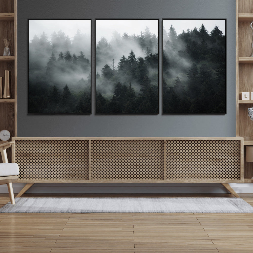 Foggy Forest Wall Art Canvas Print | 3 Panel Large Misty