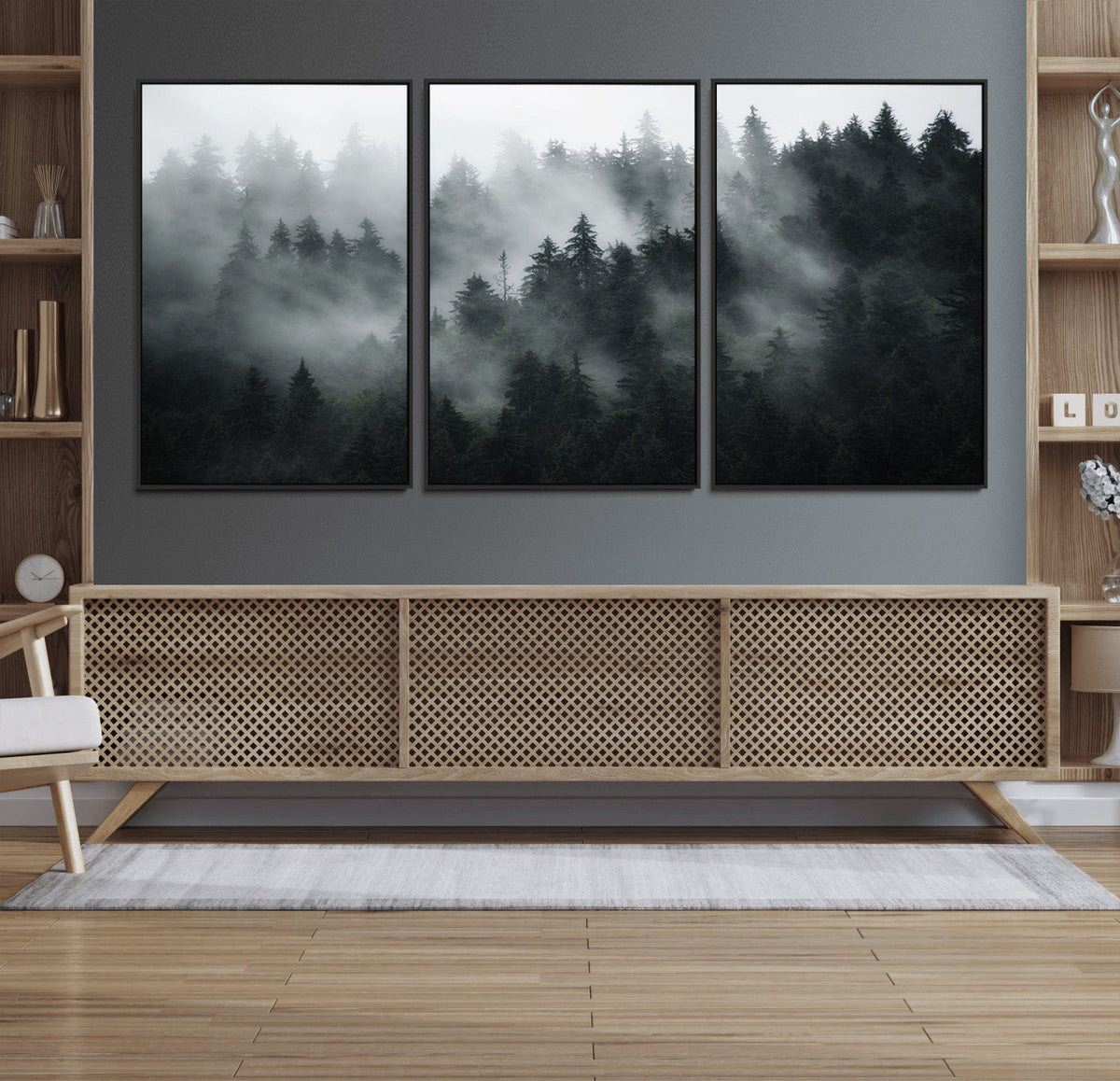 Foggy Forest Wall Art Canvas Print | 3 Panel Large Misty