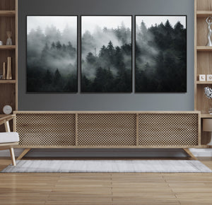 Foggy Forest Wall Art Canvas Print | 3 Panel Large Misty