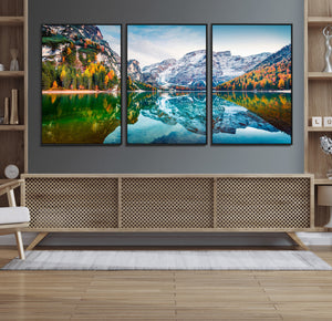 Spectacular autumn view of Braies Lake Wall Art Canvas Print