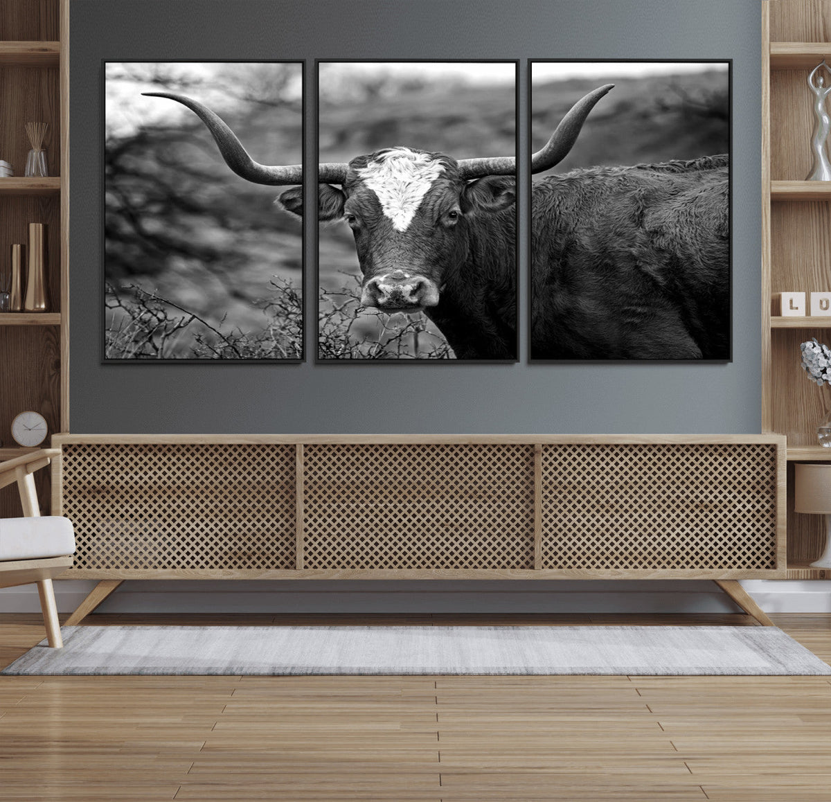 Western Home Wall Art Canvas Print, Framed Texas Longhorn
