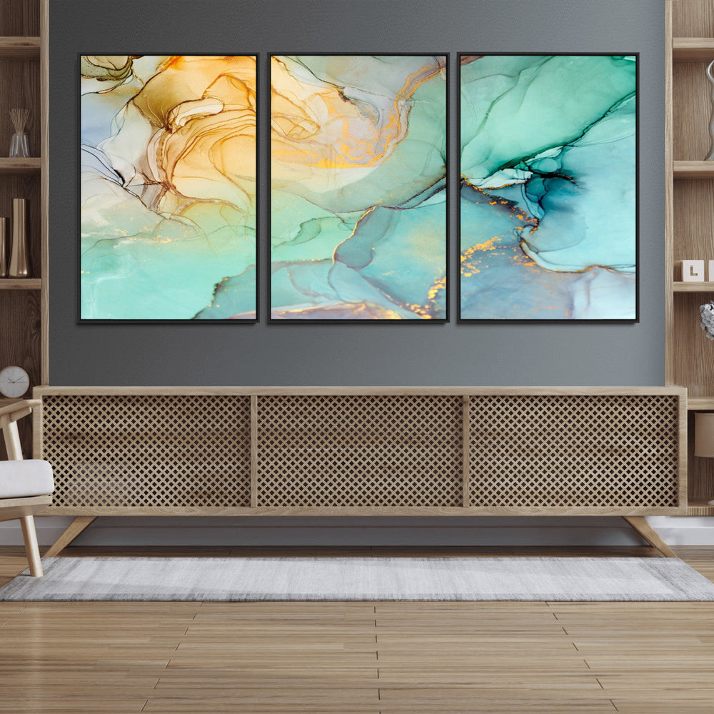Abstract Aqua and Gold Fluid Wall Art Canvas | 3 Panel Large