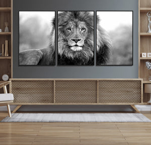Black and White Lion Canvas Wall Art – Animal Print Artwork