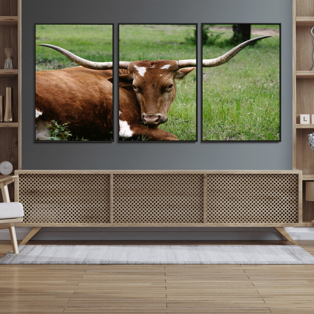 Longhorn Steer Canvas Wall Art – Rustic Nature Triptych