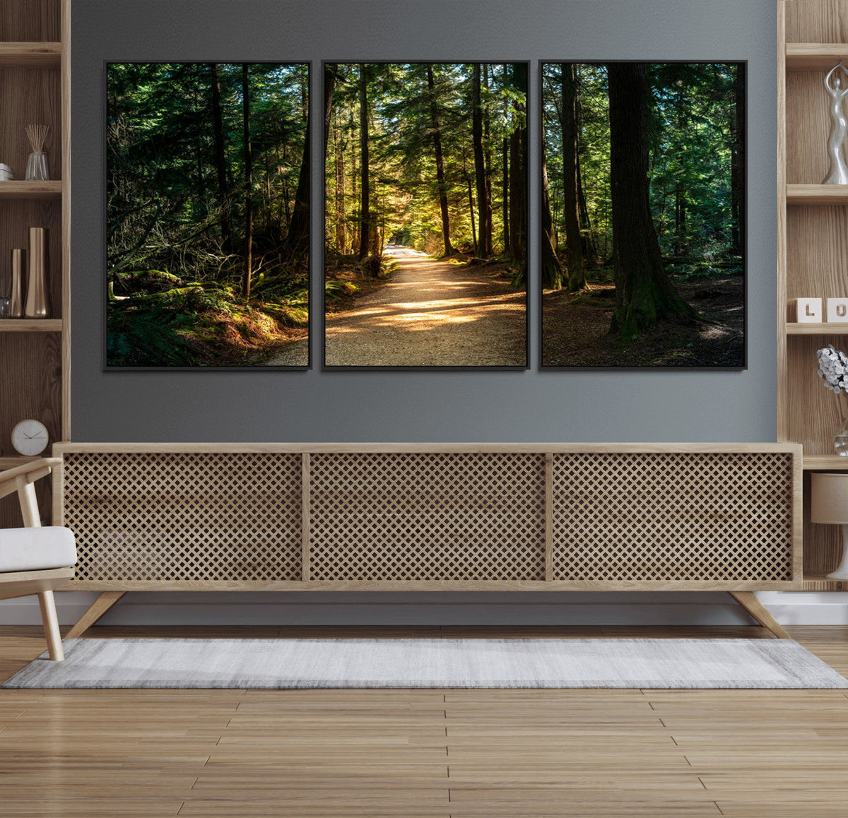 Sunlit Forest Pathway Canvas Print | 3 Panel Large Nature