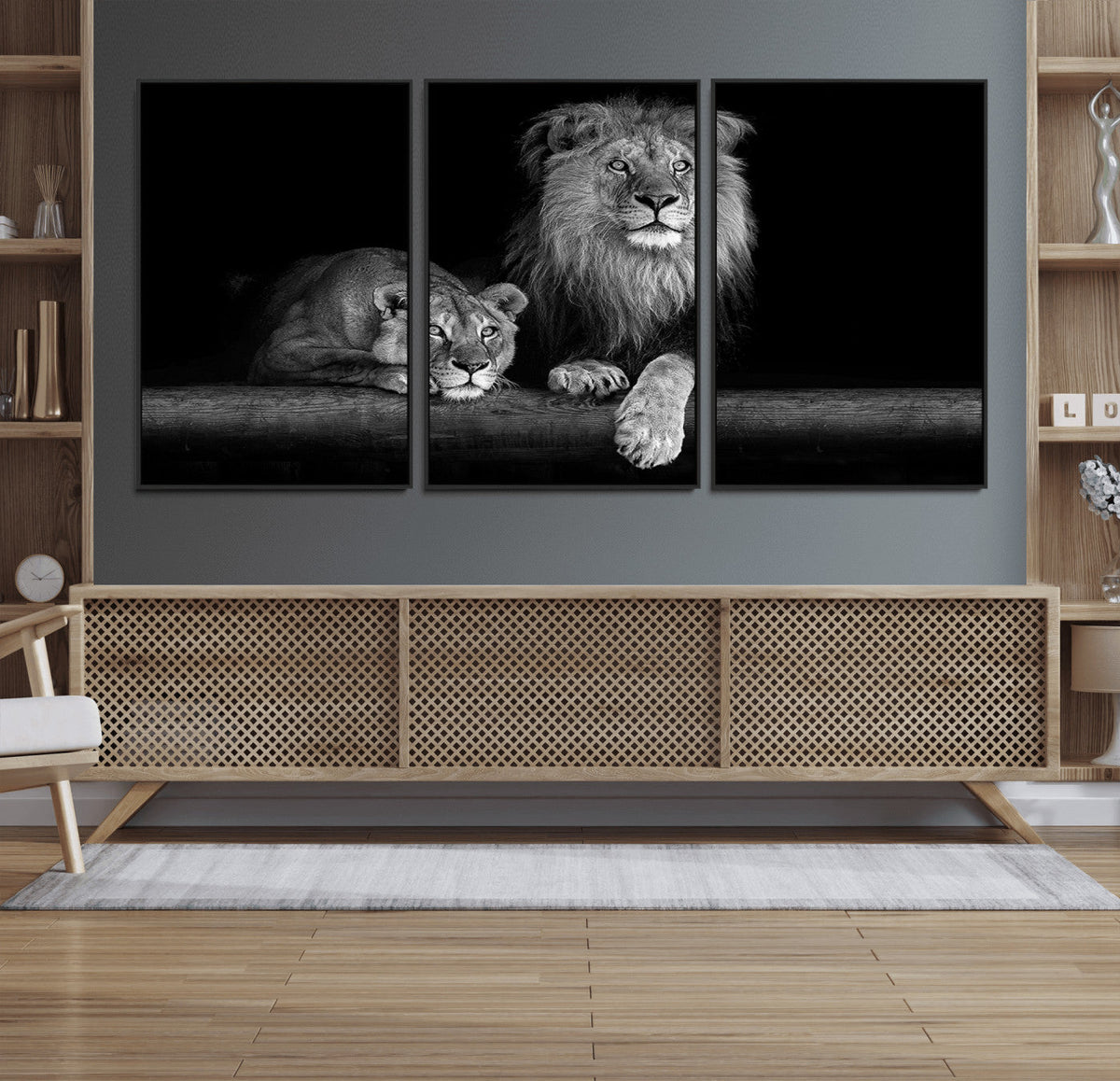 Large Black and White Lion Couple Wall Art Canvas Print –