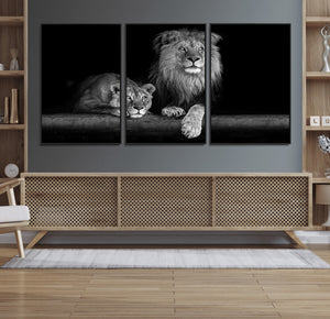 Large Black and White Lion Couple Wall Art Canvas Print –