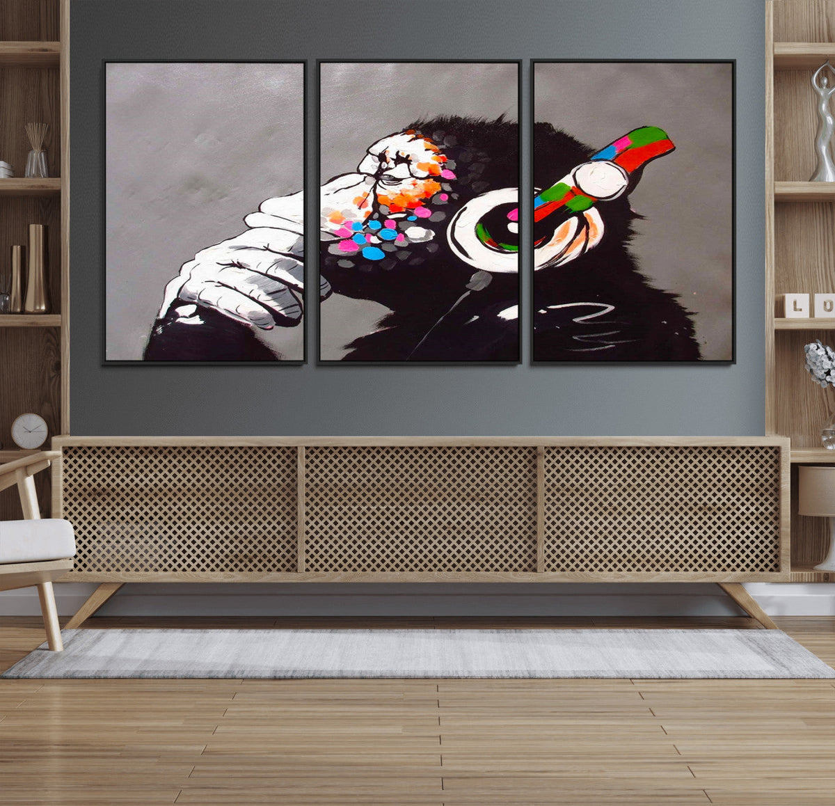 Dj Monkey Listening to Music Wall Art Print | Banksy Monkey