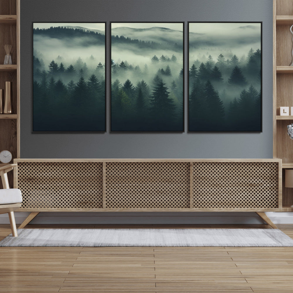 Misty Forest Wall Art Premium Canvas Print a Foggy and